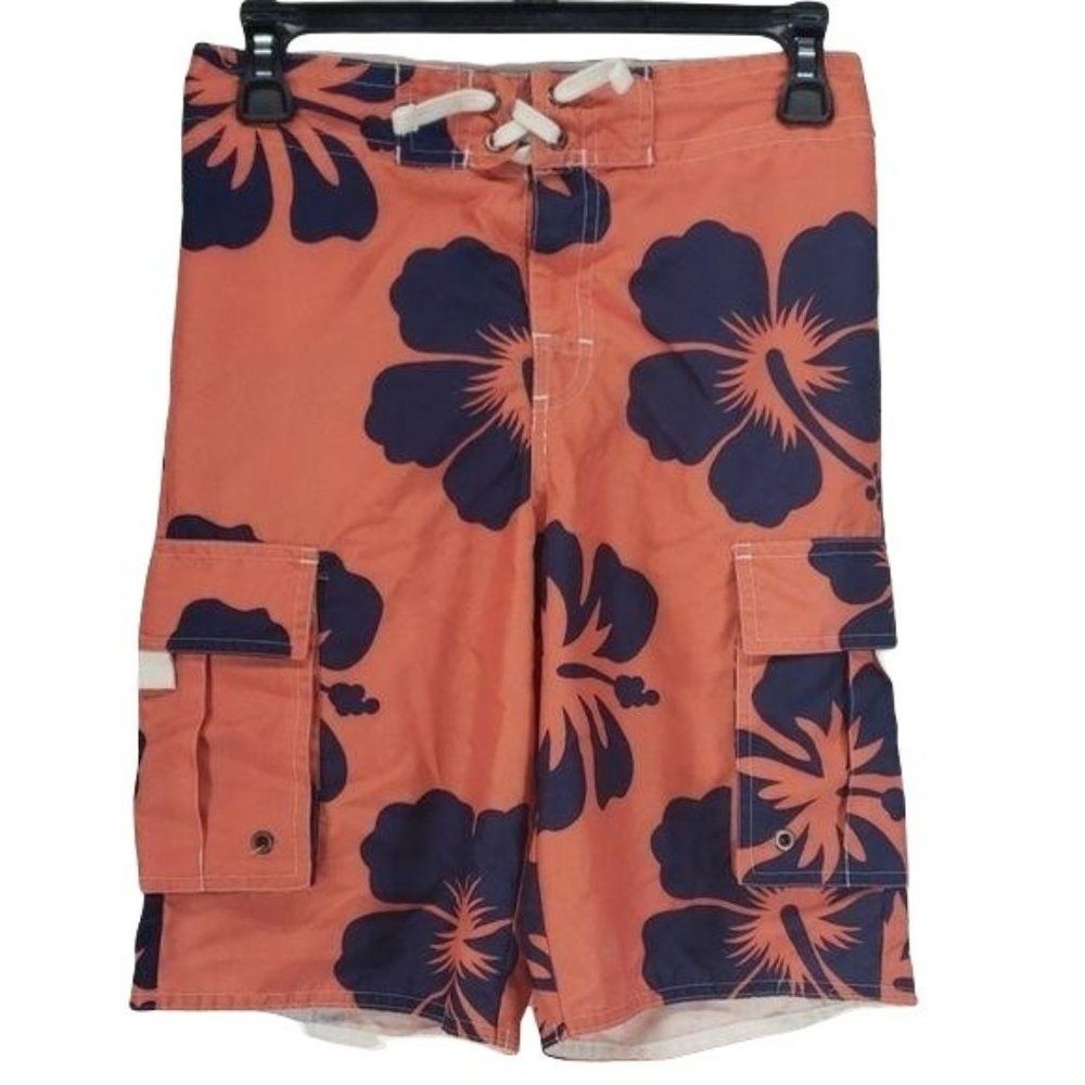 Red Camel Boys Orange Blue Floral‎ Hawaiian Swim Trunk Shorts Size Medium